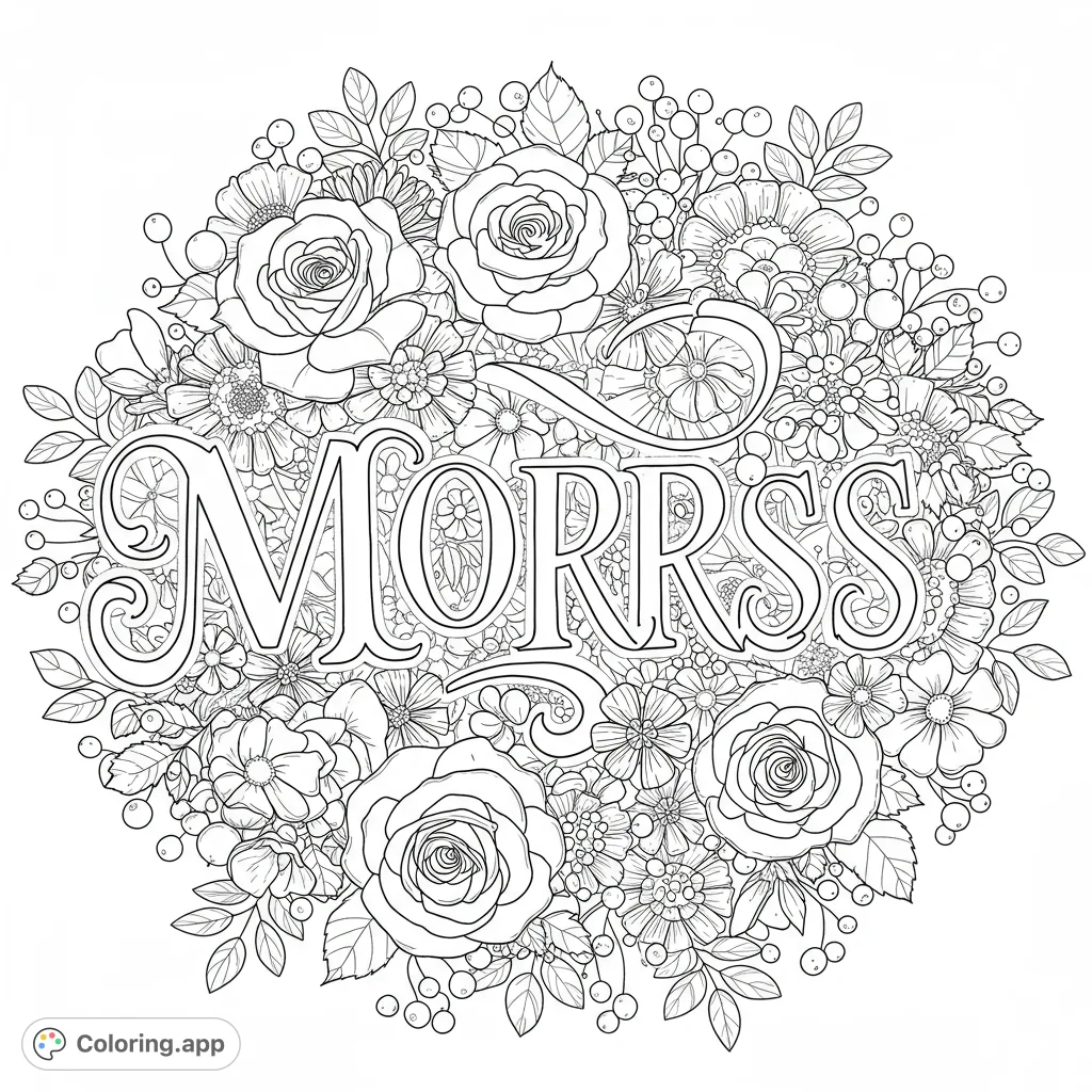 An intricate floral wreath coloring page featuring roses, blossoms, and berries encircling the decorative word 'MORRSS'. A free printable coloring page.