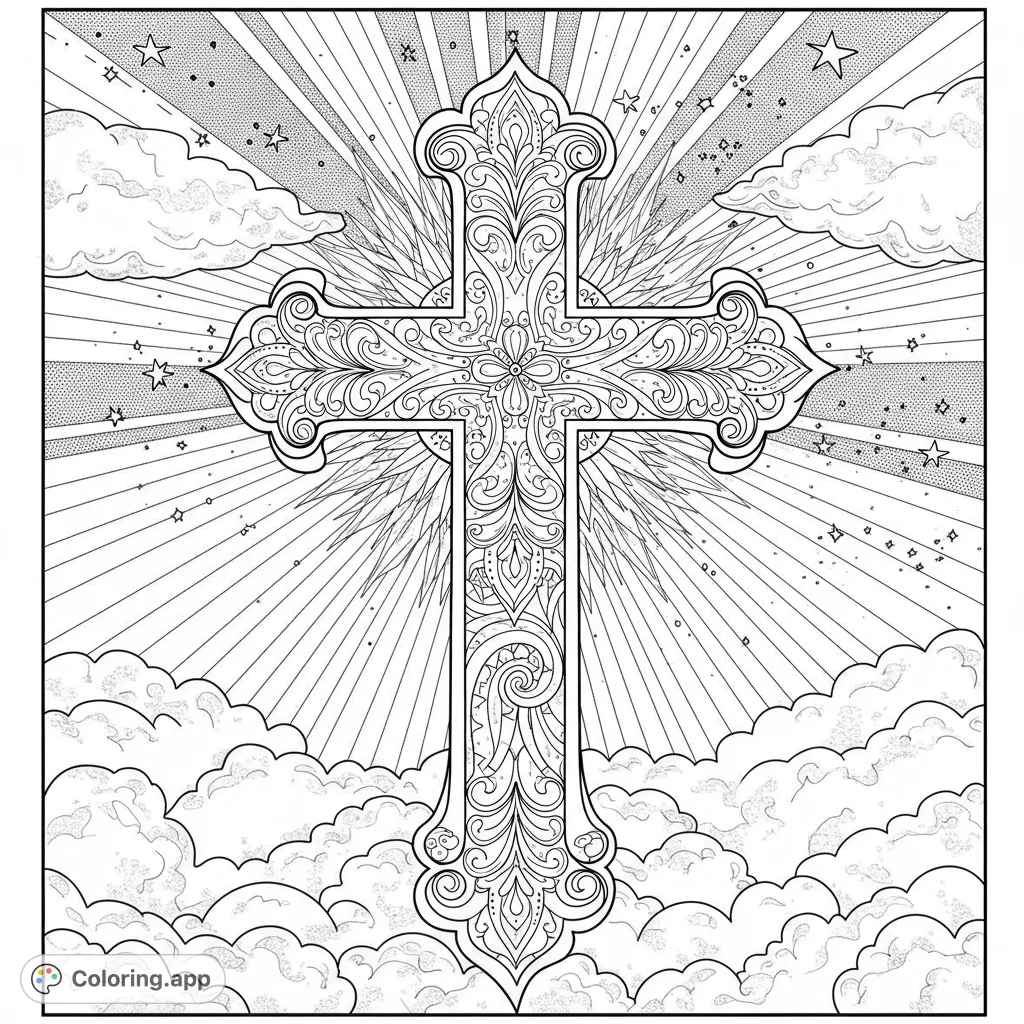 An intricate ornate cross radiates light amidst celestial clouds and stars. A detailed spiritual design, perfect for mindful coloring and reflection.