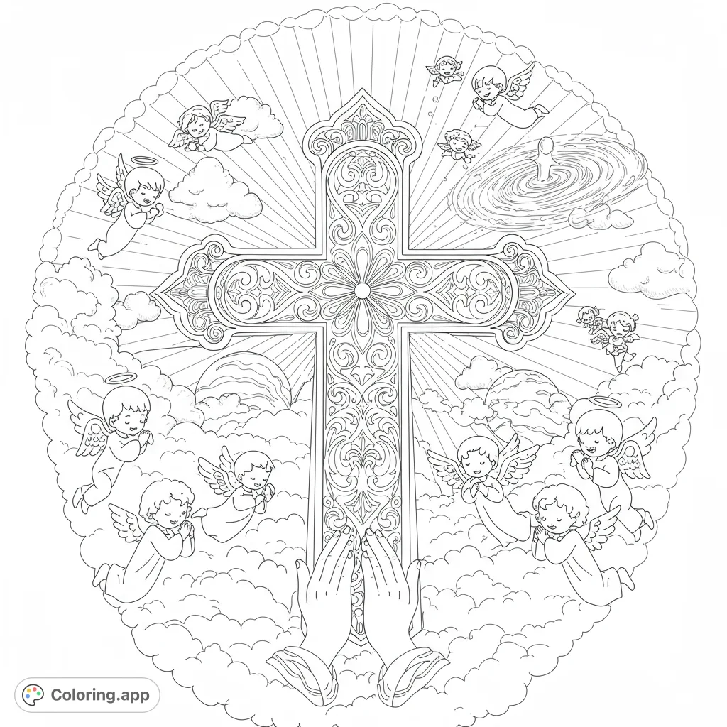 An ornate cross surrounded by praying angels and fluffy clouds, radiating divine light. A spiritual and intricate design for peaceful coloring.