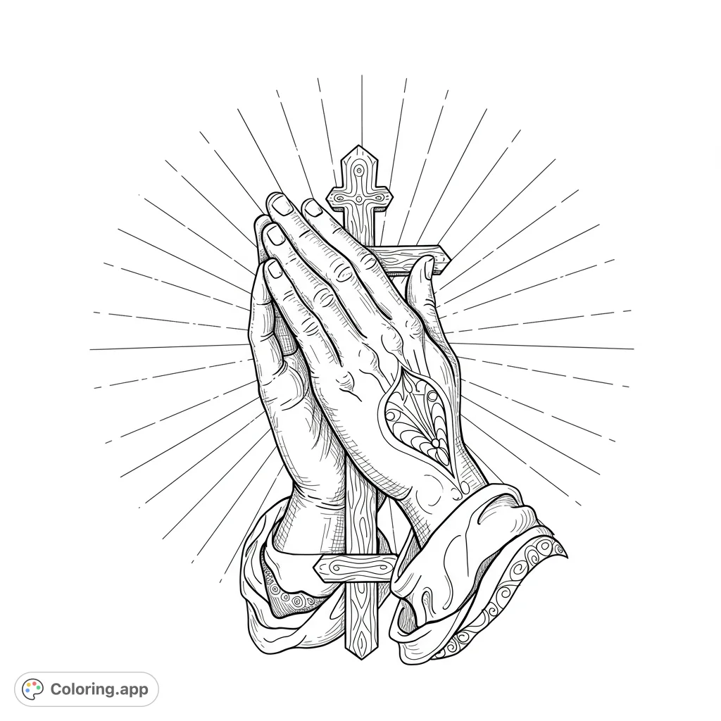 Detailed praying hands holding a cross, surrounded by radiating light. A spiritual and meditative free printable religious coloring page for adults and kids.