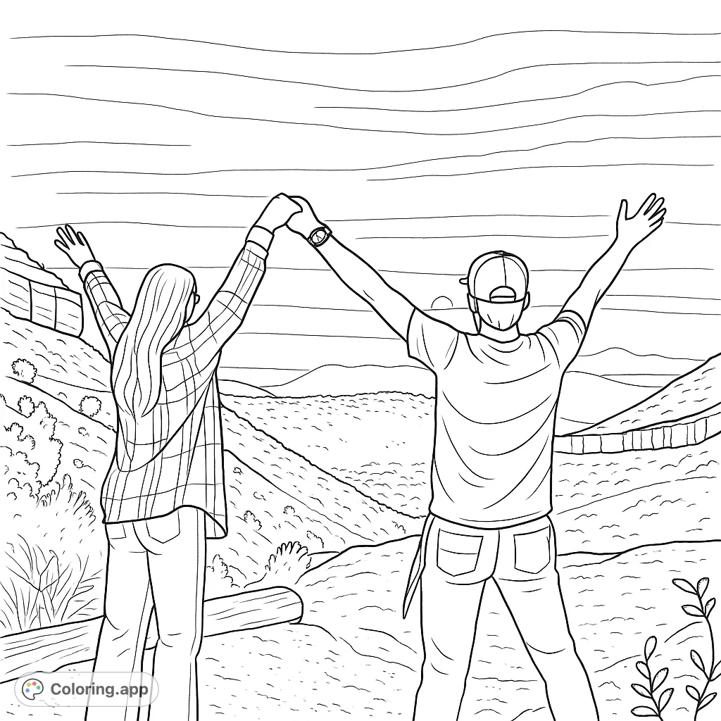 Celebrate adventure with this free printable mountain view coloring page featuring a couple holding hands, arms raised in triumph over a vast landscape.