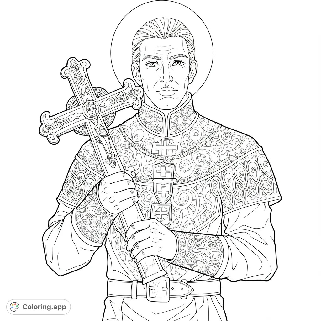 Detailed black and white line art of Perez holding a cross. Perfect for religious coloring.