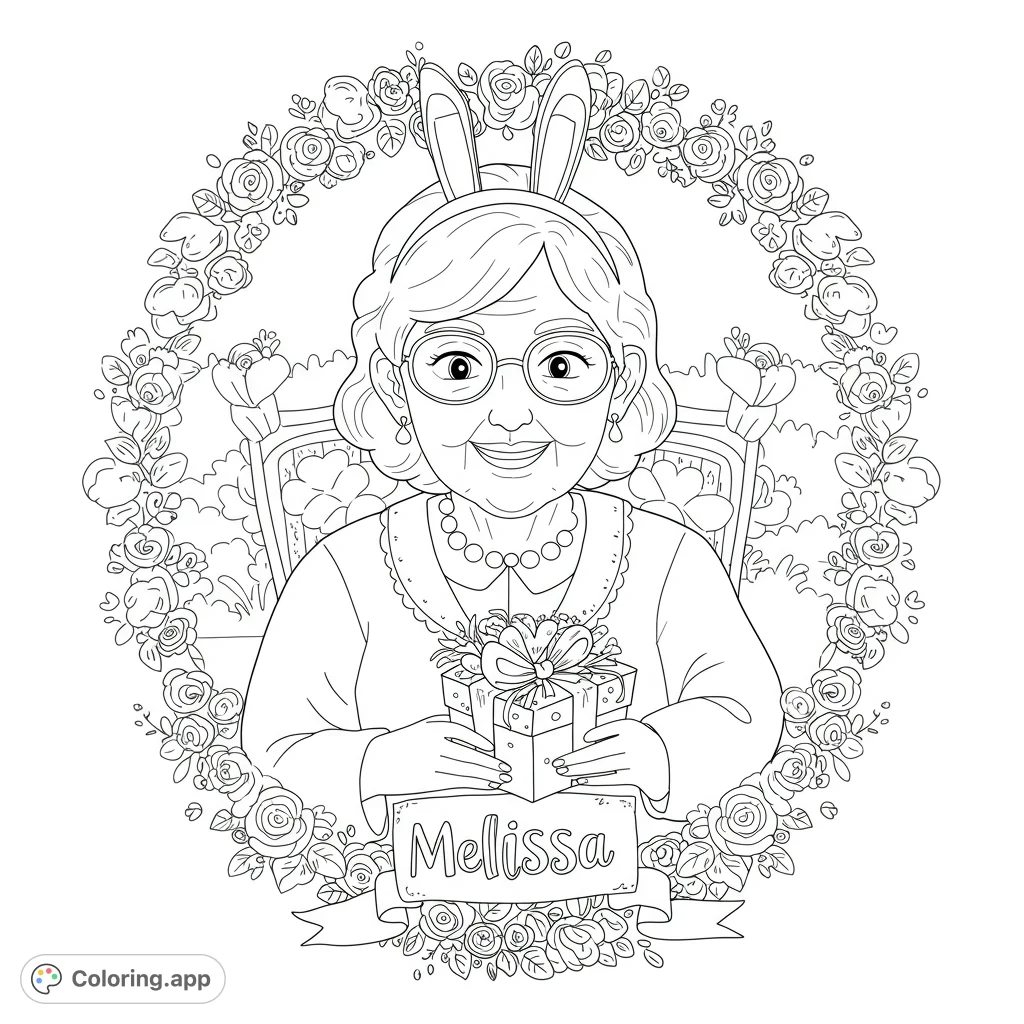Celebrate Mother's Day with Grandma Melissa! This heartwarming black and white line art features a detailed portrait perfect for coloring.