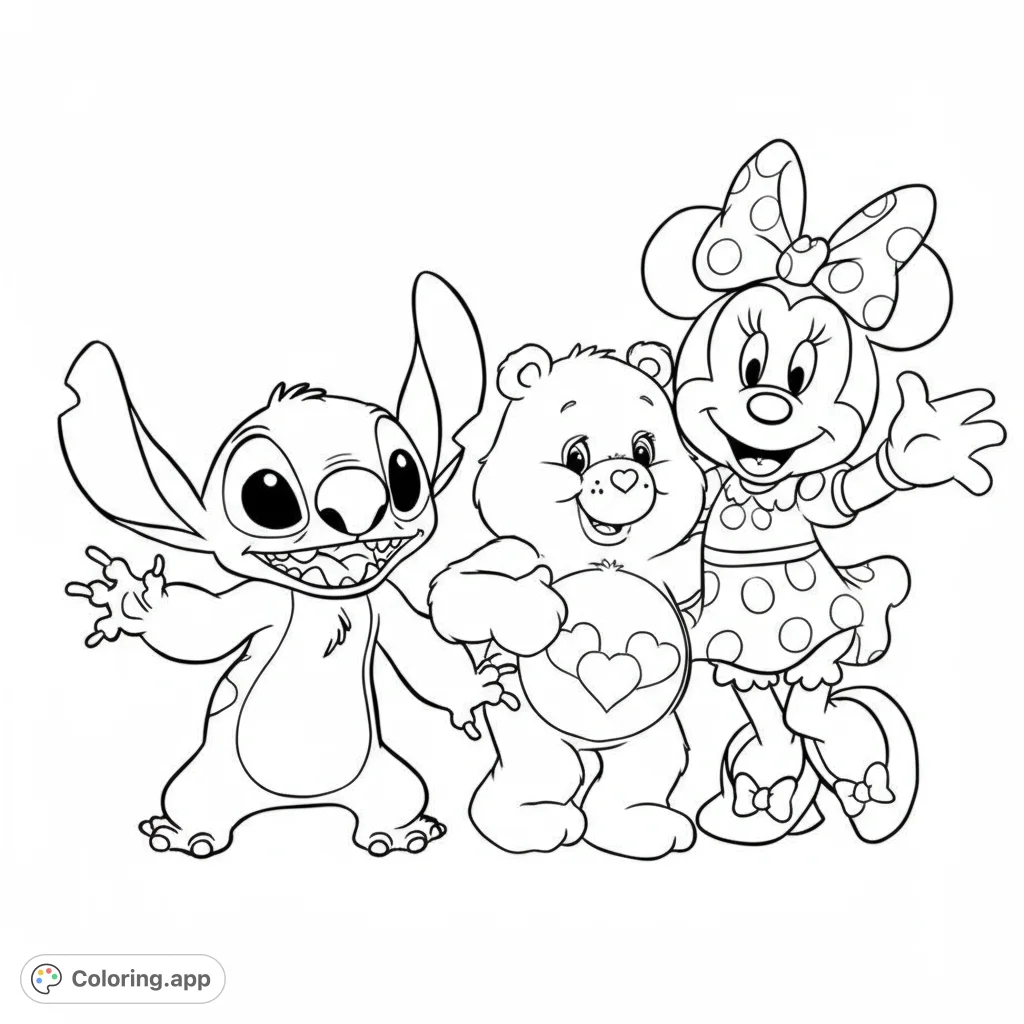 Adorable trio! Stitch, Care Bear, and Minnie Mouse in a fun, detailed black and white line art coloring page.
