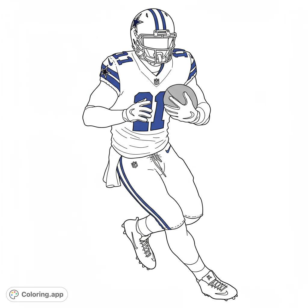 A dynamic football player in uniform, holding a ball, ready for action. Perfect for sports fans and a free printable football coloring page.
