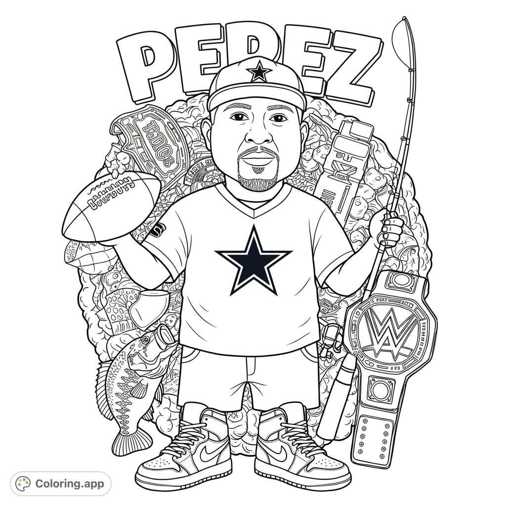 A detailed black and white line drawing of a man surrounded by sports, fishing, and hobby elements, perfect for creative coloring.