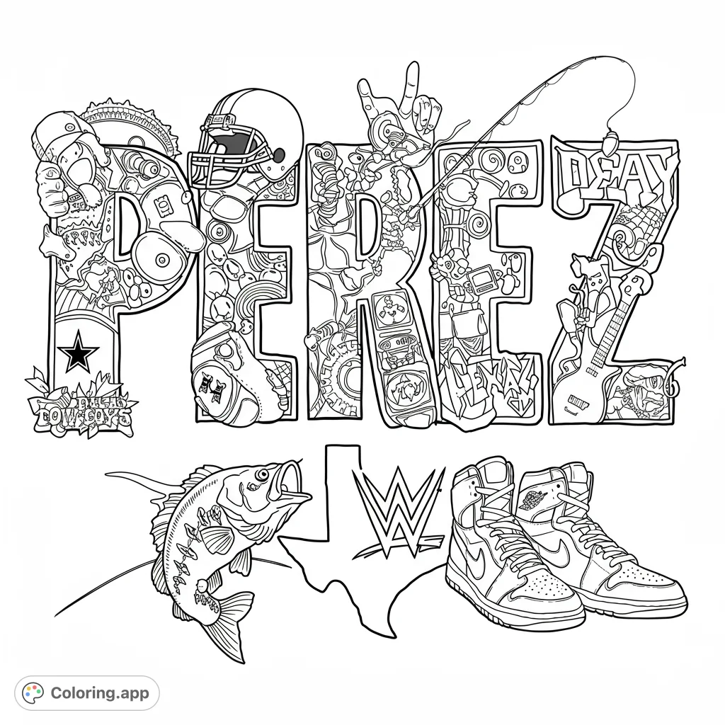 An intricate personalized name coloring page filled with diverse hobbies like football, fishing, music, and sneakers, perfect for all ages.