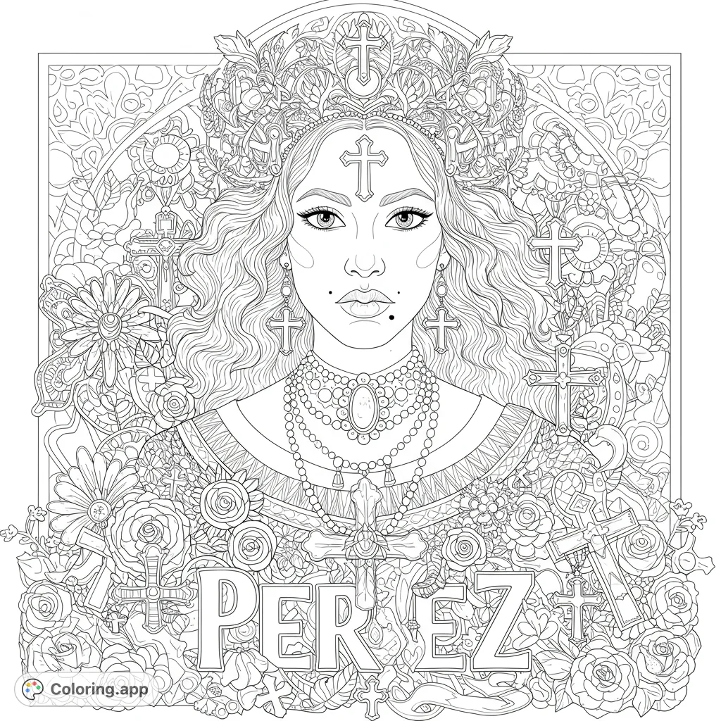Intricate portrait of a crowned woman amidst a dense tapestry of flowers, crosses, and mystic symbols. A detailed gothic floral coloring page.