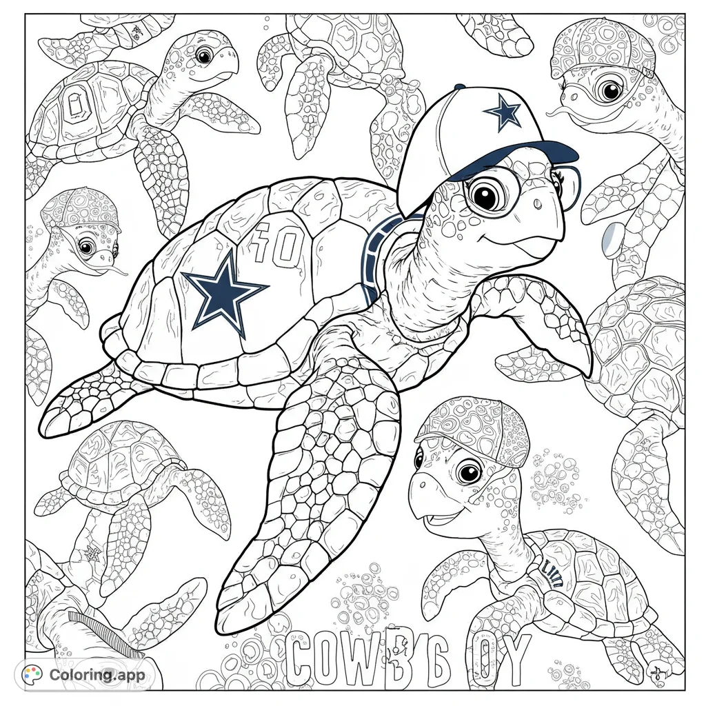 Adorable sea turtles, led by one in a cap, swim playfully. A fun, free printable turtle coloring page for kids and adults.