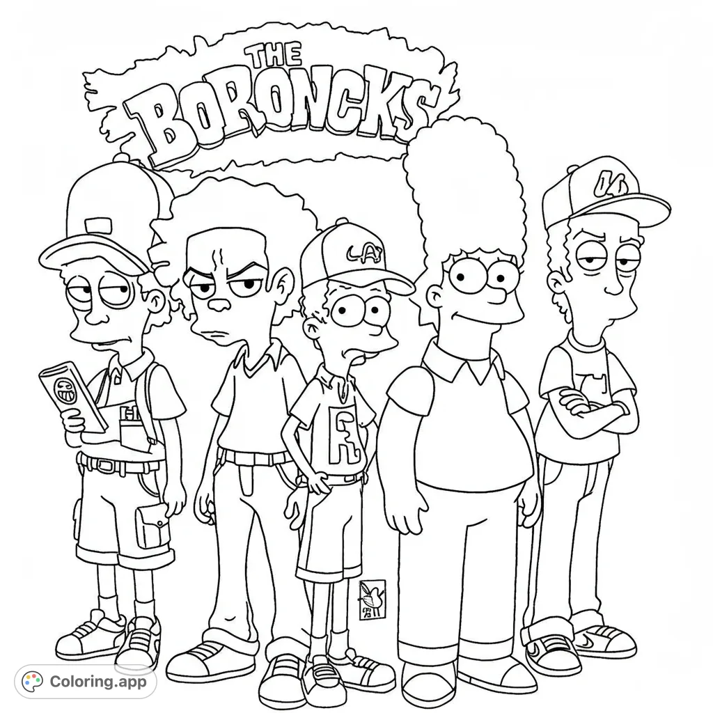 A fun cartoon crew featuring five unique characters and a bold 'The Boroncks' title, perfect for a free printable coloring page.