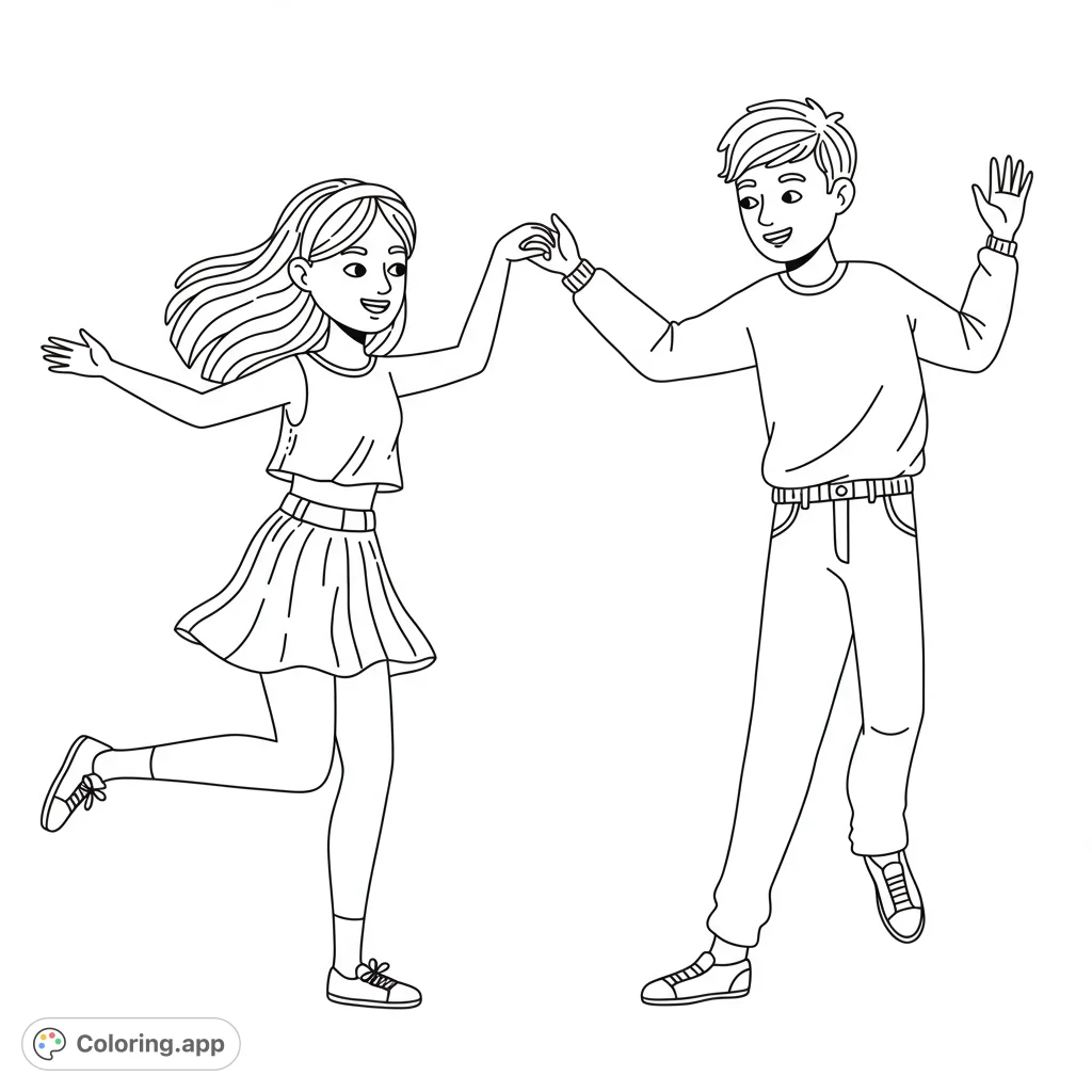 A lively dance partners coloring page featuring a happy boy and girl holding hands and dancing. A free printable coloring page for kids and adults.