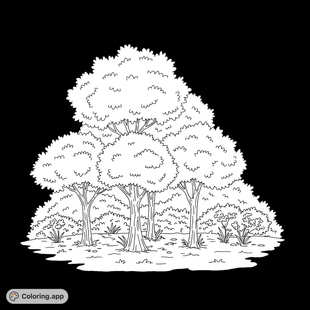 Explore a serene forest grove coloring page featuring multiple trees with detailed canopies and rich undergrowth. A free printable nature scene.