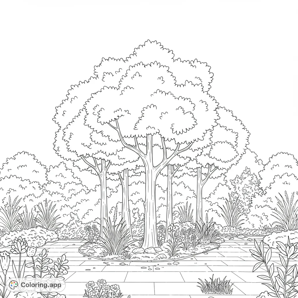 A beautiful garden pathway winding through lush trees and vibrant foliage. A free printable nature coloring page for all ages.