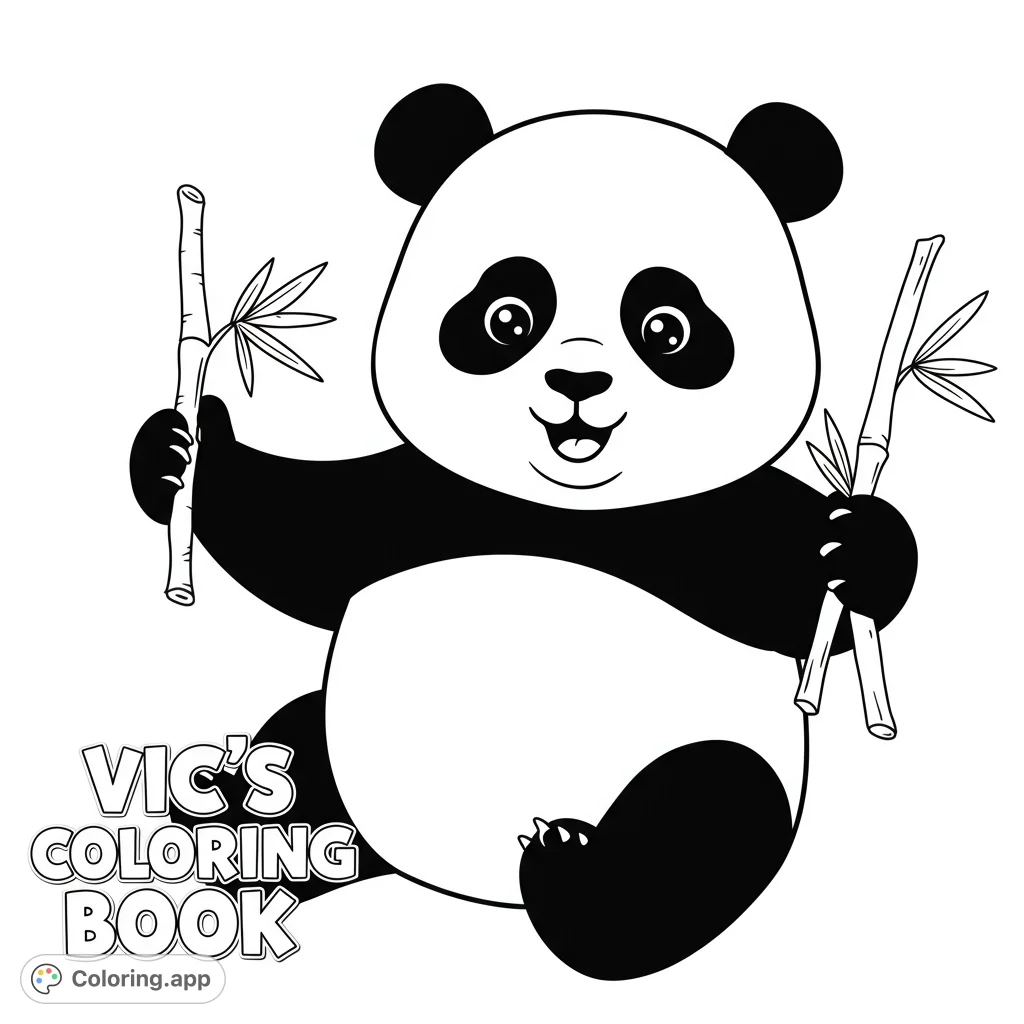 A delightful panda coloring page featuring a cute, chubby panda holding bamboo stalks, perfect for all ages. Free printable fun!