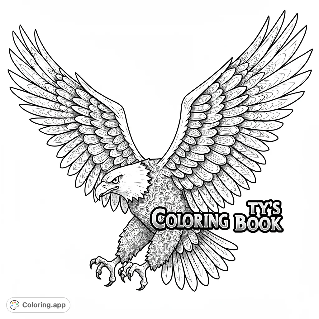 A majestic bald eagle in powerful flight, wings spread wide with intricate feather patterns, ready for detailed coloring.