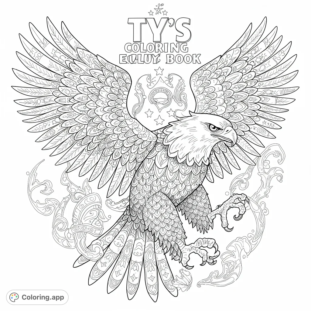 A majestic eagle with intricately patterned feathers and wings spread wide, set against a swirling decorative background. A detailed and captivating free printable coloring page.