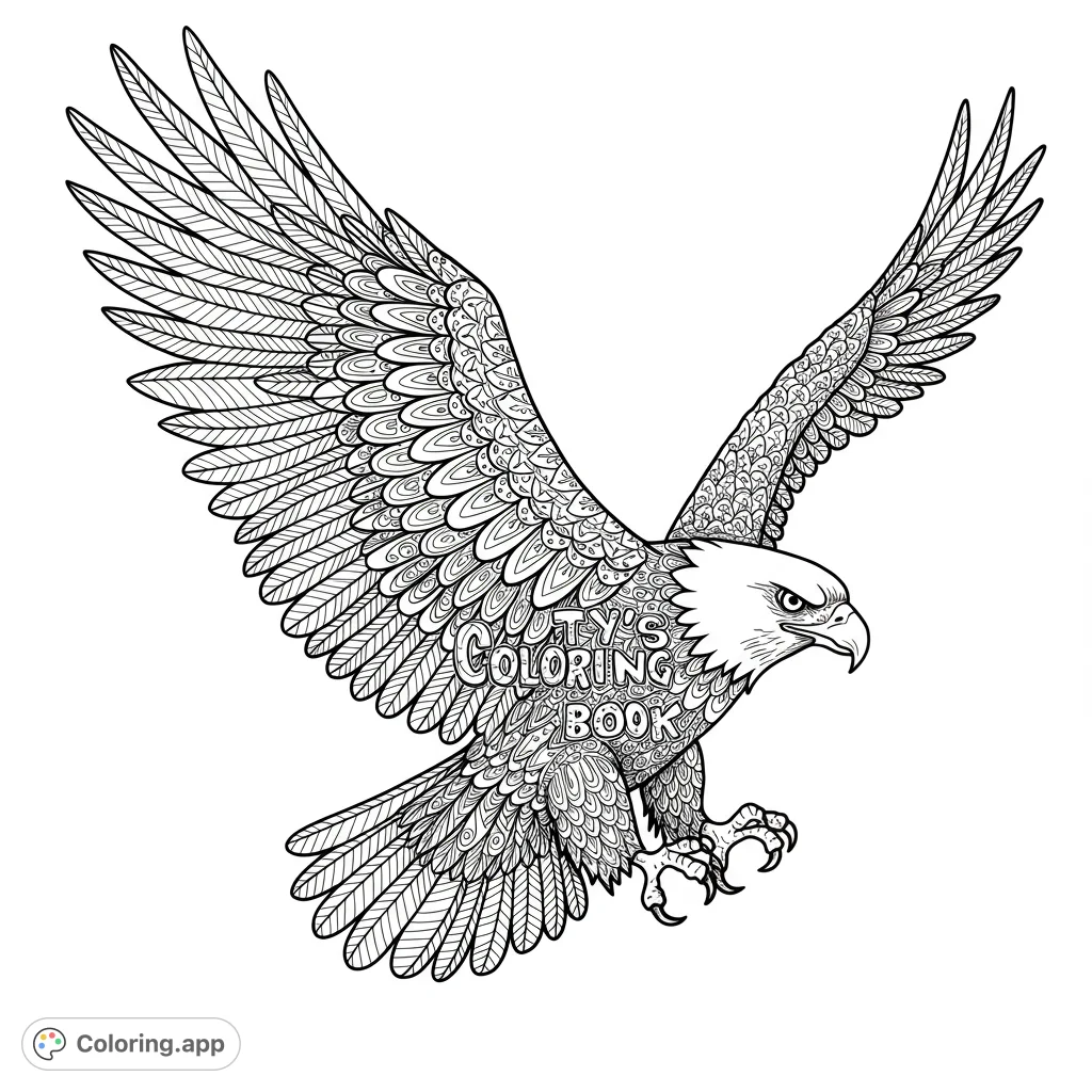 A majestic patterned eagle in flight, featuring intricate zentangle-inspired designs on its feathers and body. A detailed free printable eagle coloring page.