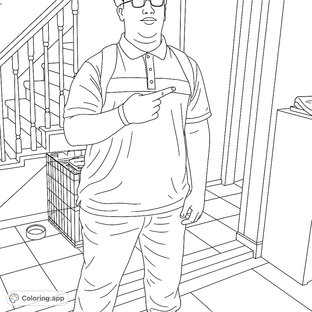A detailed indoor scene featuring a man pointing, with a staircase, wire crate, and tiled floor. Perfect for a free printable coloring page.