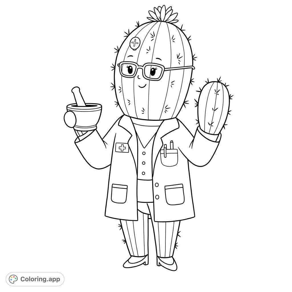 A charming doctor cactus in a lab coat, holding a mortar and pestle, ready to mix remedies. A fun, free printable coloring page!