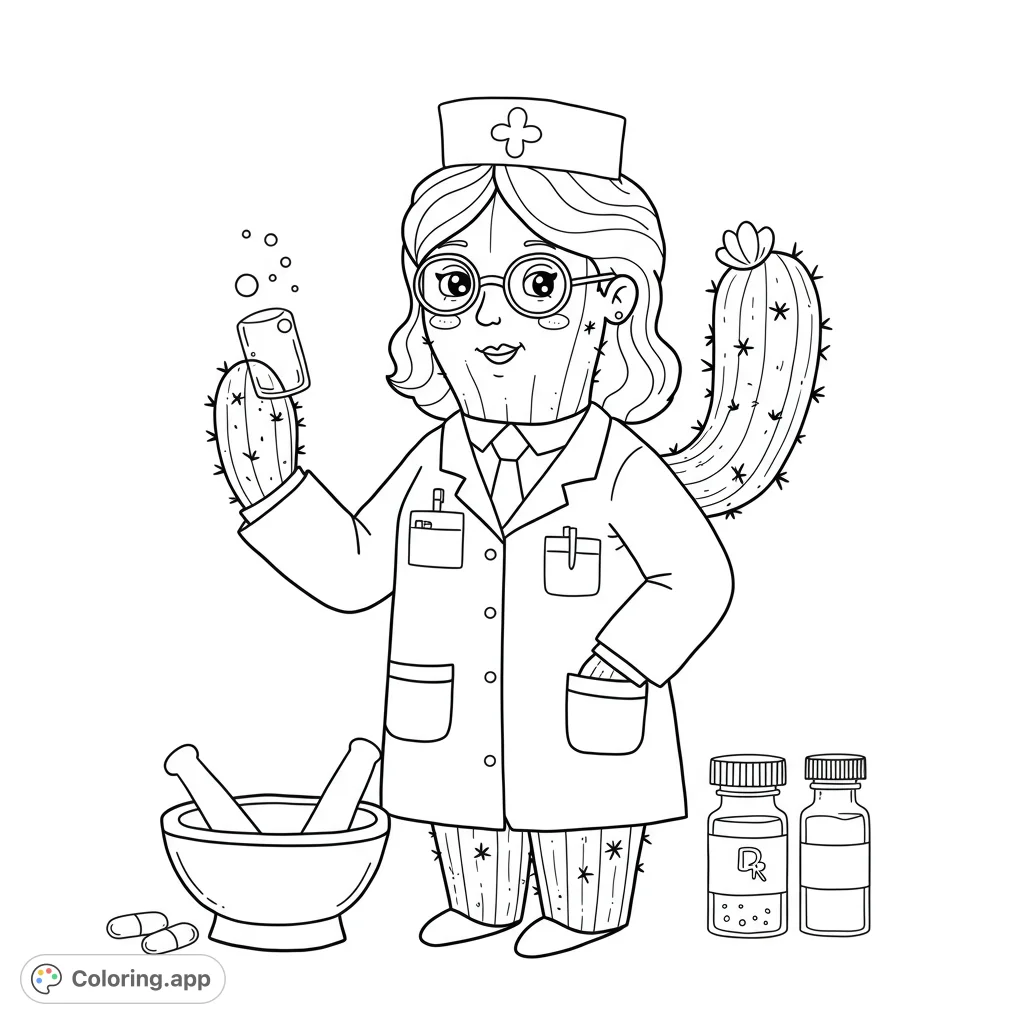 A charming cactus doctor in a lab coat, holding a potion, surrounded by medical tools and cacti. A fun, free printable coloring page for all ages.
