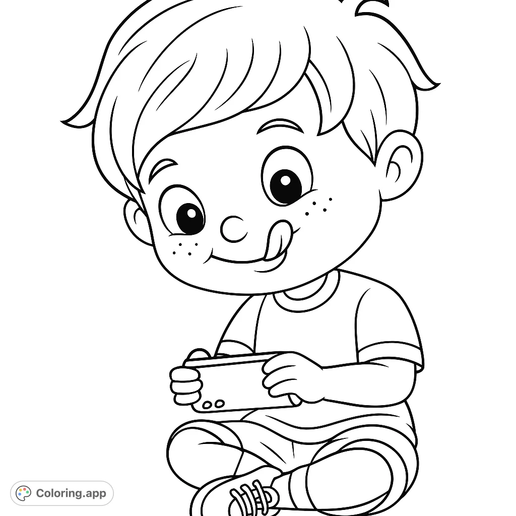 A cheerful boy sits cross-legged, engrossed in a mobile game, perfect for a fun and engaging digital entertainment coloring page for kids.
