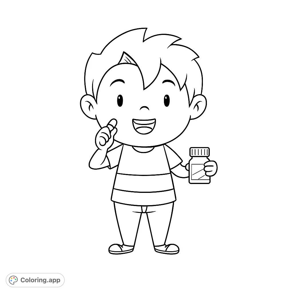 A cheerful boy holds a pill bottle and a single pill, ready for a health lesson. This free printable health and wellness coloring page is perfect for kids.