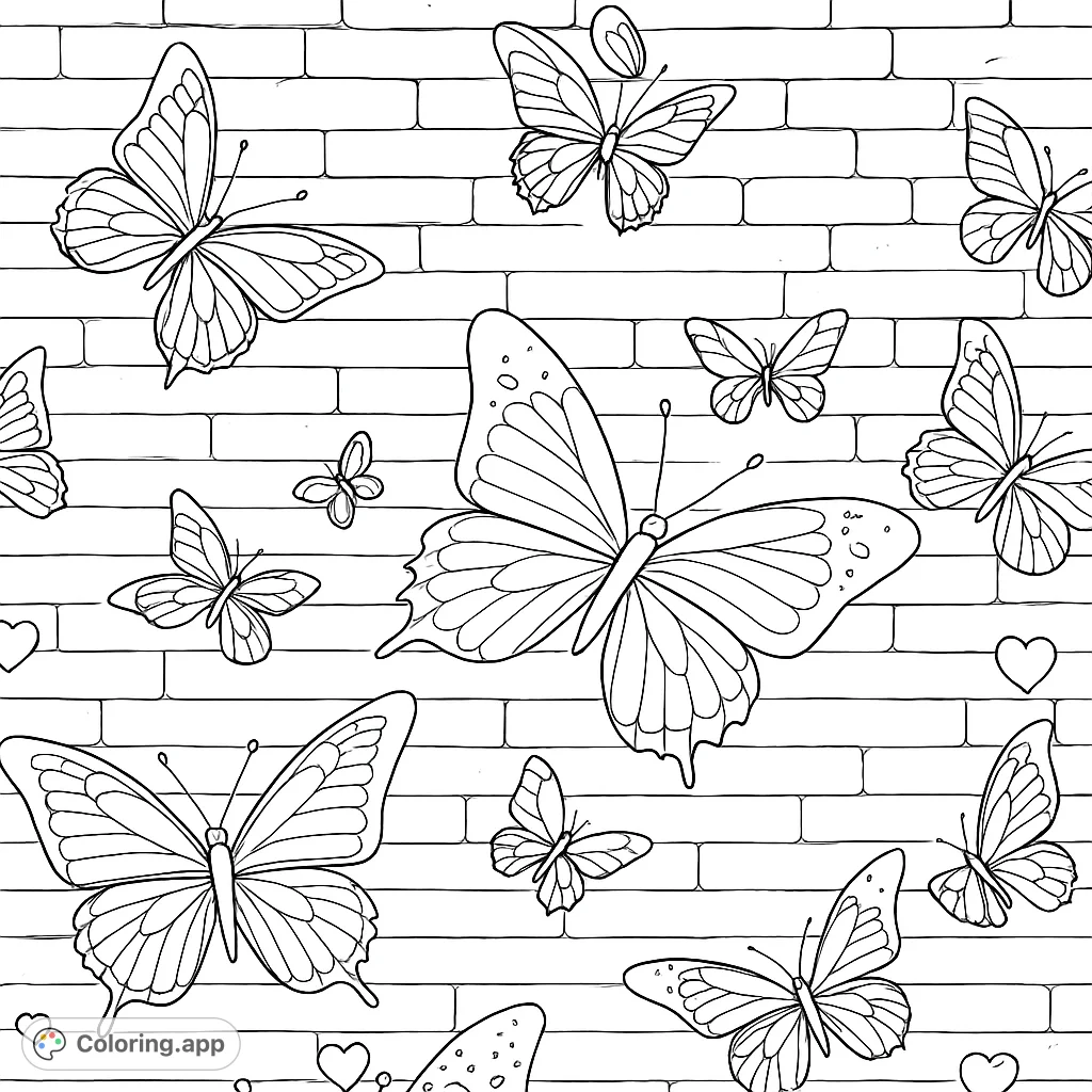 A delightful butterfly coloring page featuring various sizes of butterflies fluttering against a detailed brick wall, with subtle heart accents. Perfect for all ages.