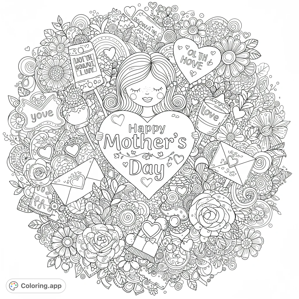An intricate Mother's Day coloring page featuring a girl holding a heart, surrounded by detailed flowers, gifts, and decorative elements for a joyful celebration.