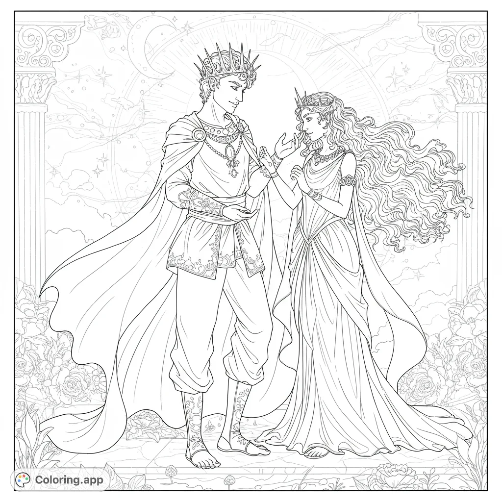 A majestic king and queen in regal attire under a celestial sky, surrounded by flowers. A beautiful fantasy royalty coloring page for all ages.