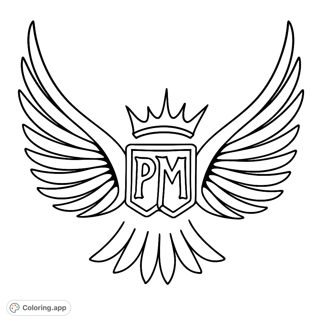 A majestic winged emblem with a regal crown and shield, perfect for a powerful and inspiring coloring page. Free printable for all ages.