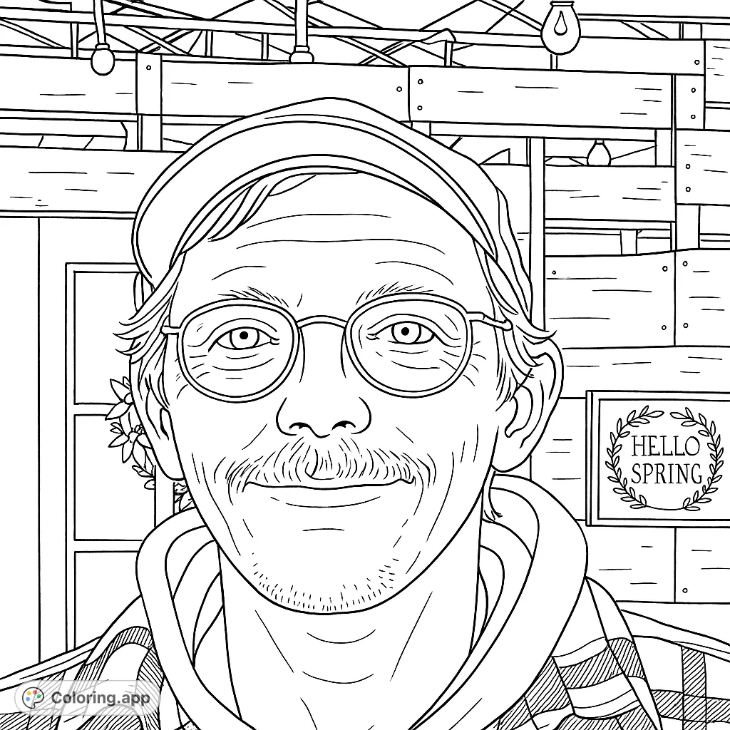 Detailed line art of a smiling man with glasses, cap, and plaid shirt, against a rustic background with string lights. Perfect for adult colorists.