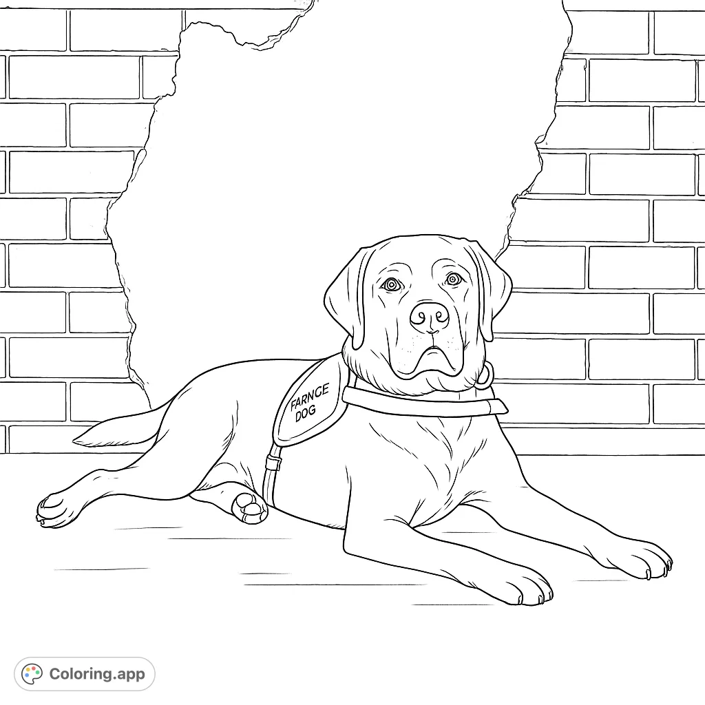 A noble Labrador service dog rests calmly against a textured brick wall with a torn section, ready for vibrant coloring.