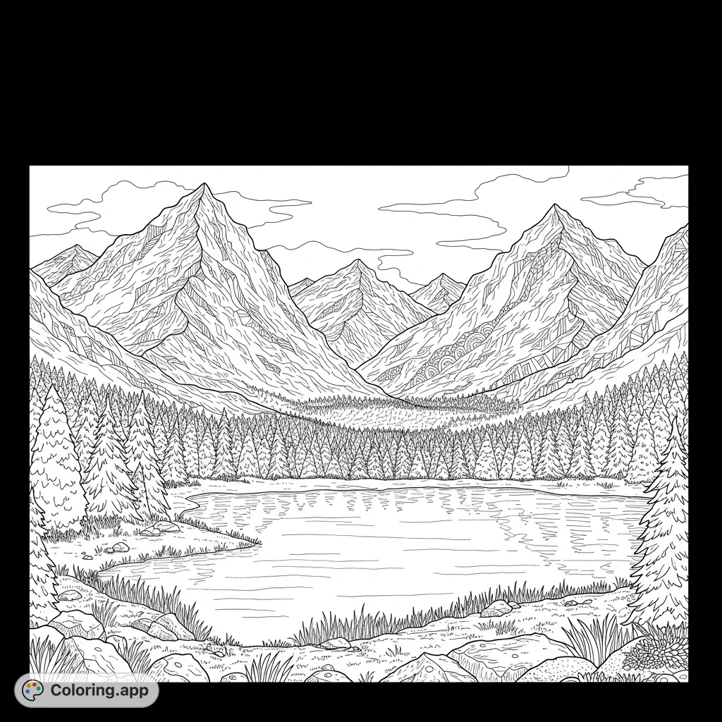 Explore a majestic mountain lake landscape coloring page. Towering peaks, dense pine forests, and a serene lake await your creative touch.