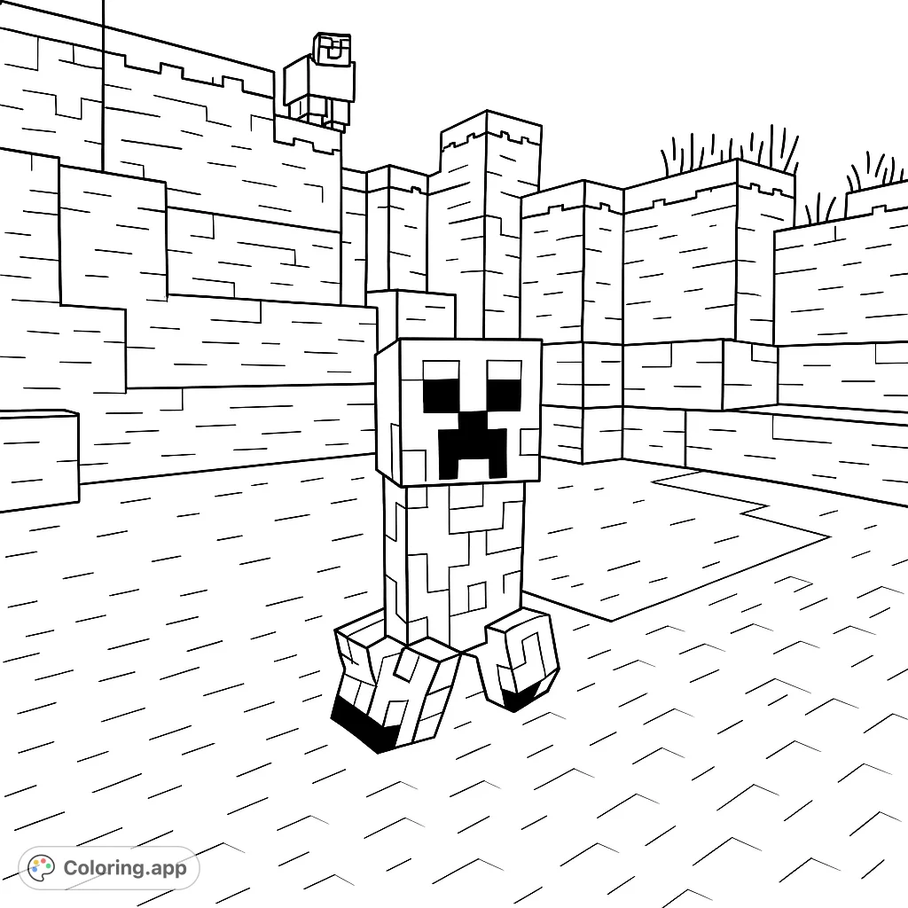 An iconic Minecraft Creeper stands in a blocky landscape with textured walls and distant structures, ready for vibrant coloring.
