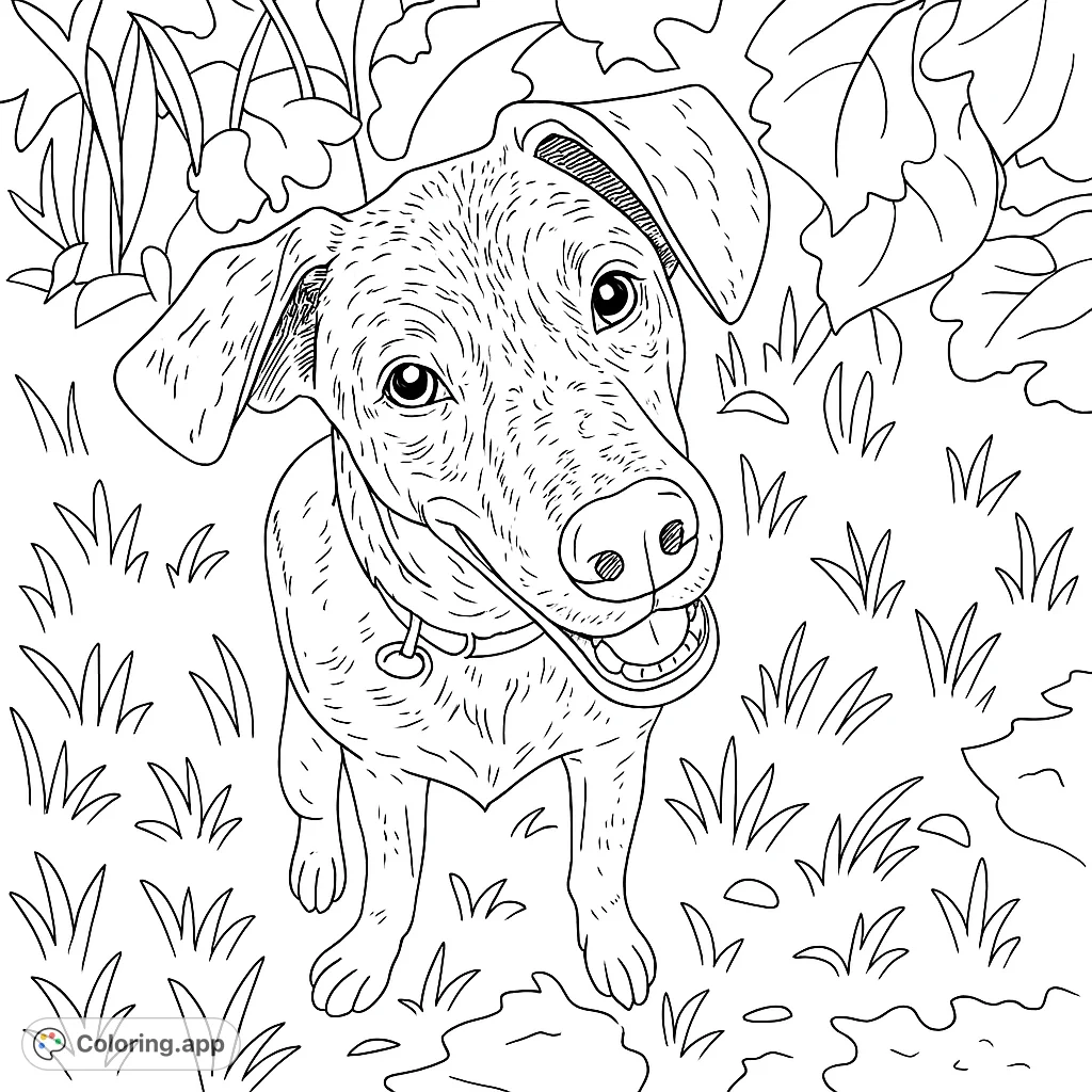 A joyful dog with a wide smile and floppy ears sits in a grassy garden, ready for a fun coloring adventure. Perfect for pet lovers.