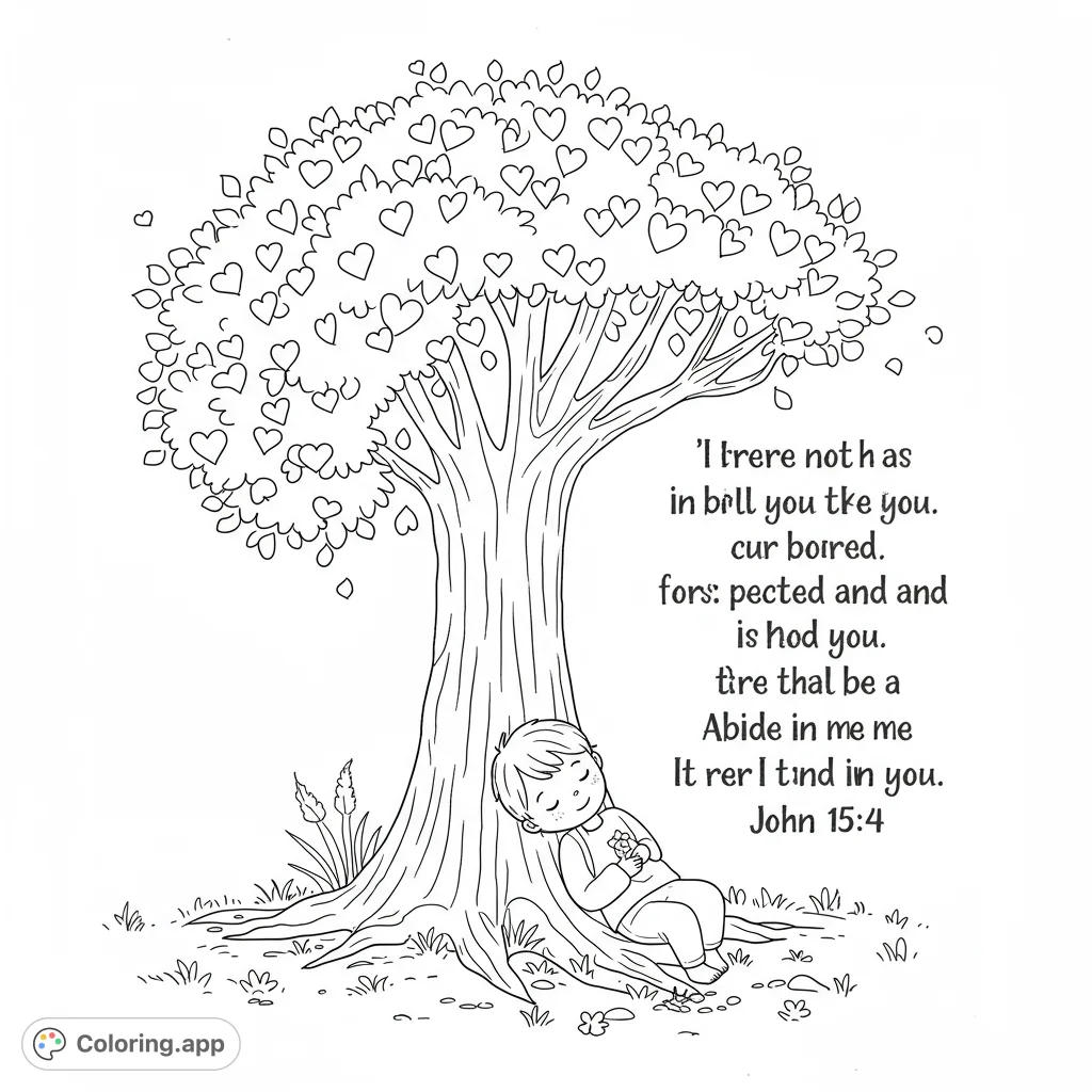 A heartwarming free printable love tree coloring page featuring a child peacefully resting under a tree with heart-shaped leaves. Perfect for all ages.