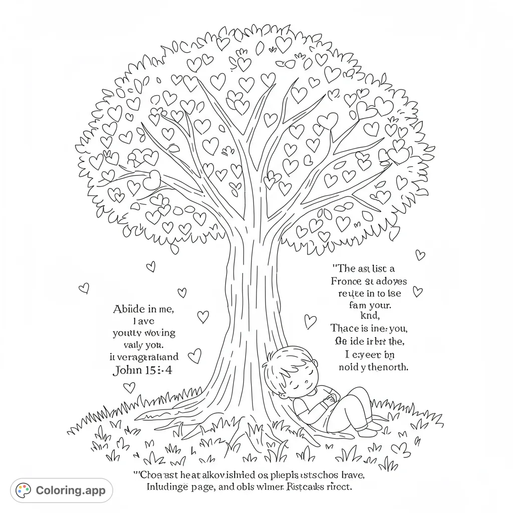 A serene heart tree coloring page featuring a child sleeping peacefully under a tree with heart-shaped leaves and floating hearts, perfect for relaxation.
