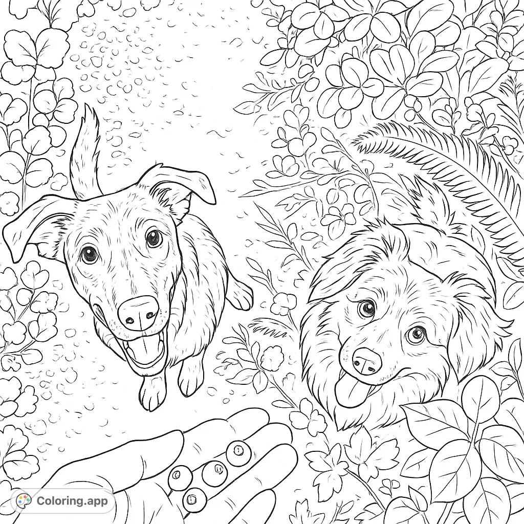 Two adorable dogs eagerly look up at a hand offering fresh blueberries in a lush garden setting, perfect for a delightful coloring adventure.