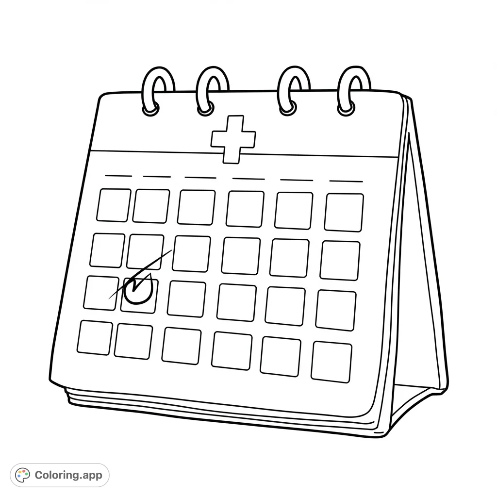 A clean line art desk calendar with a marked date and medical cross, perfect for scheduling and health-themed coloring.