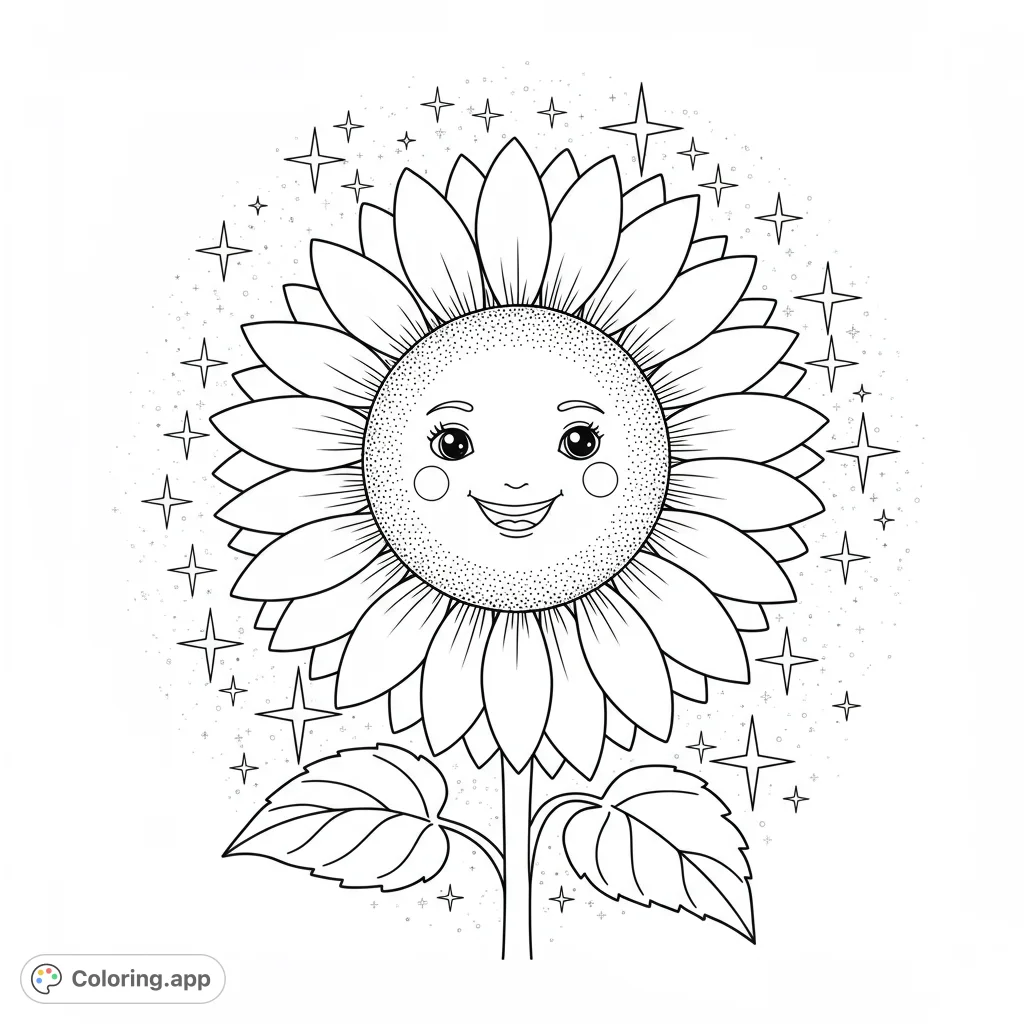 A delightful sunflower with a cheerful, smiling face, surrounded by sparkling stars, perfect for a sunny and happy coloring adventure.