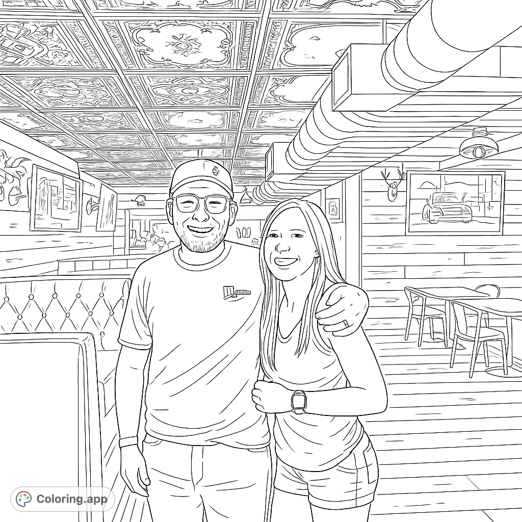 A heartwarming free printable couple's restaurant scene coloring page, perfect for capturing cherished moments. Features a smiling duo in a detailed interior with unique ceiling and wall textures.