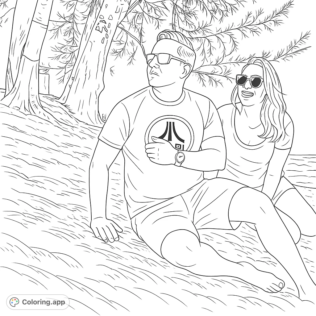 A serene outdoor scene featuring a couple relaxing on a grassy slope under trees. Perfect for a peaceful nature coloring page experience.