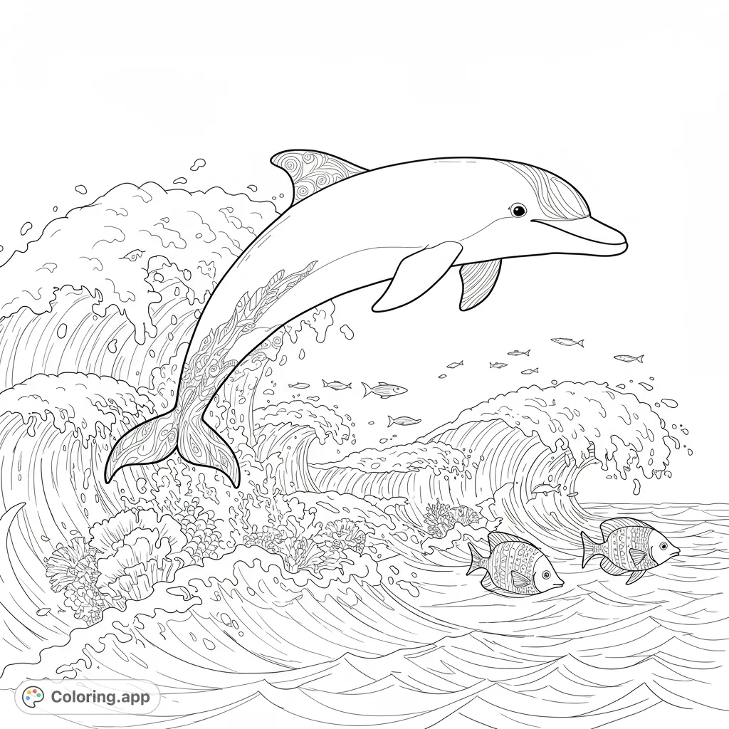 A majestic dolphin leaps from dynamic ocean waves, surrounded by intricate coral and playful fish. A captivating marine life coloring page.