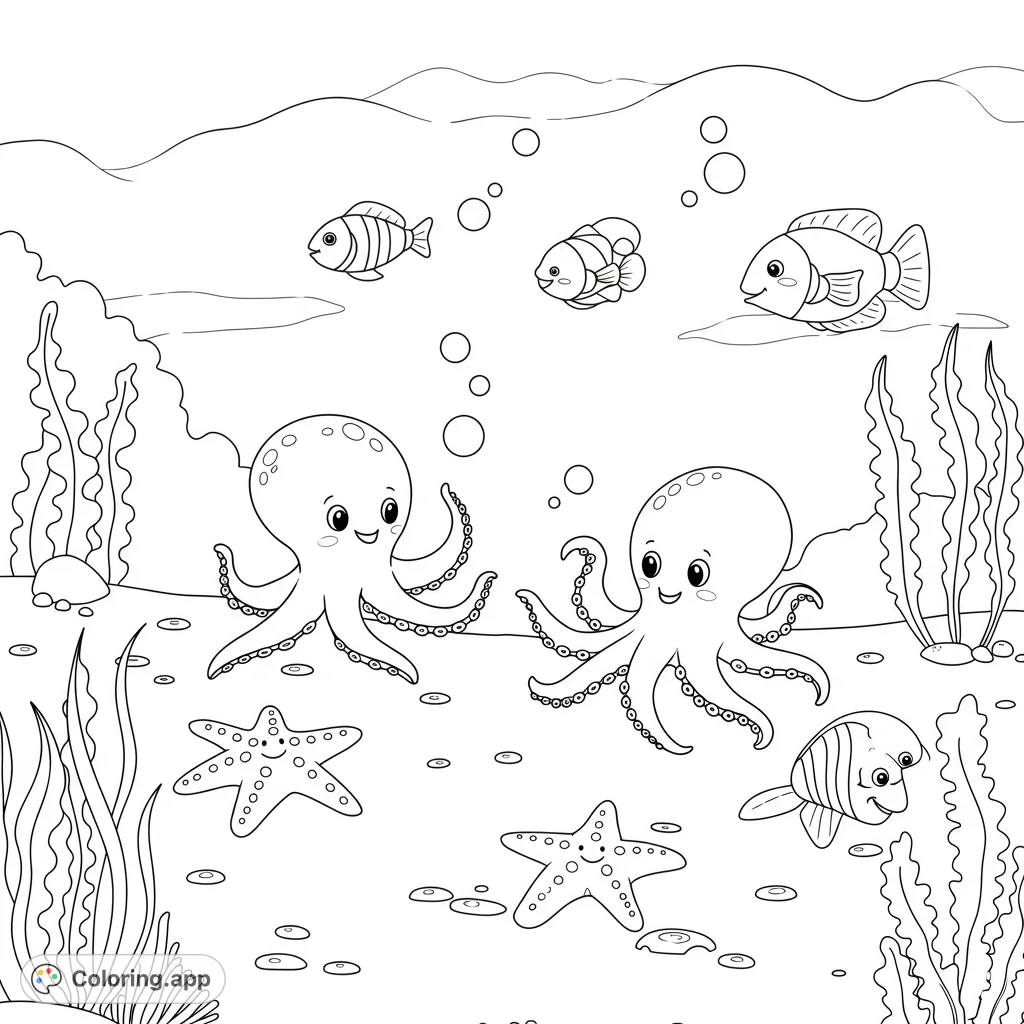 Dive into a delightful underwater world with two cheerful octopuses, playful fish, and smiling starfish. A free printable ocean coloring page for kids!