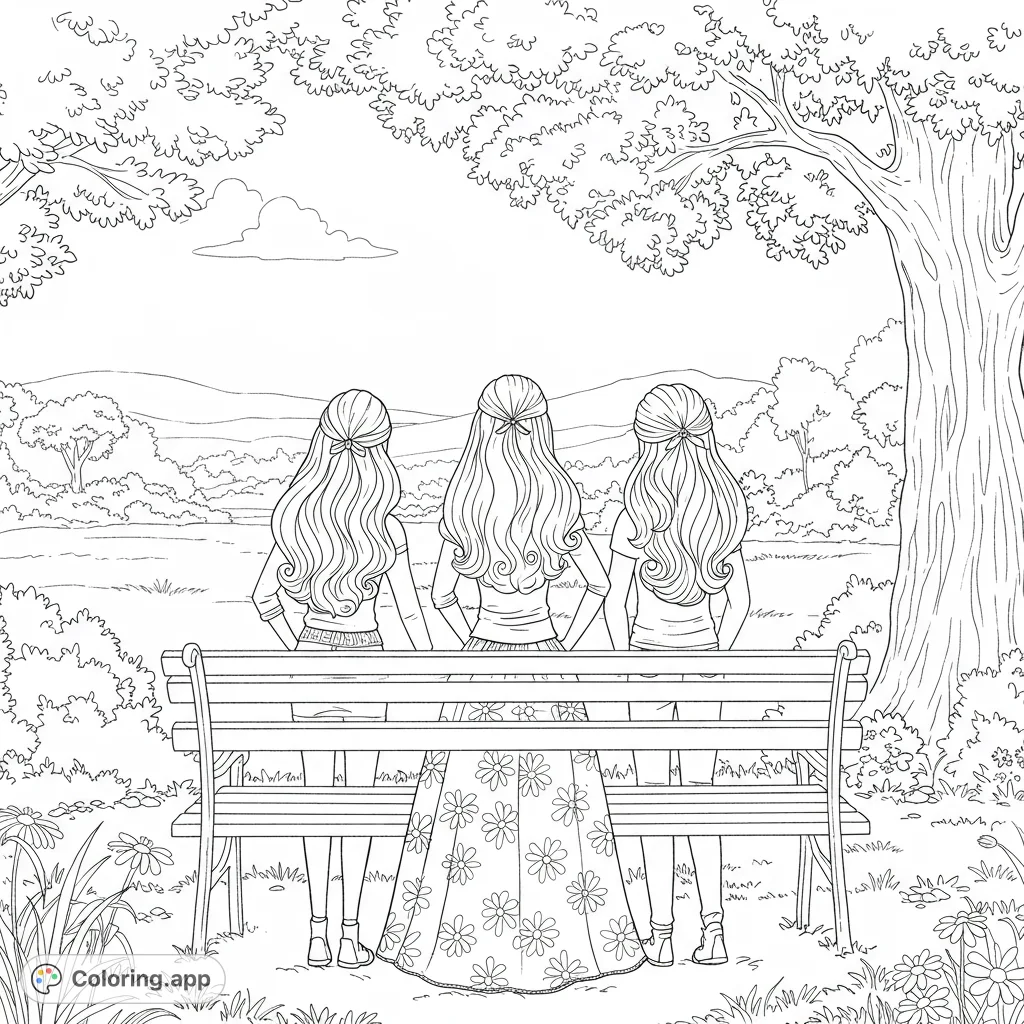 Three girls on a park bench gaze at a serene landscape under a leafy tree. A free printable friendship coloring page for all ages.