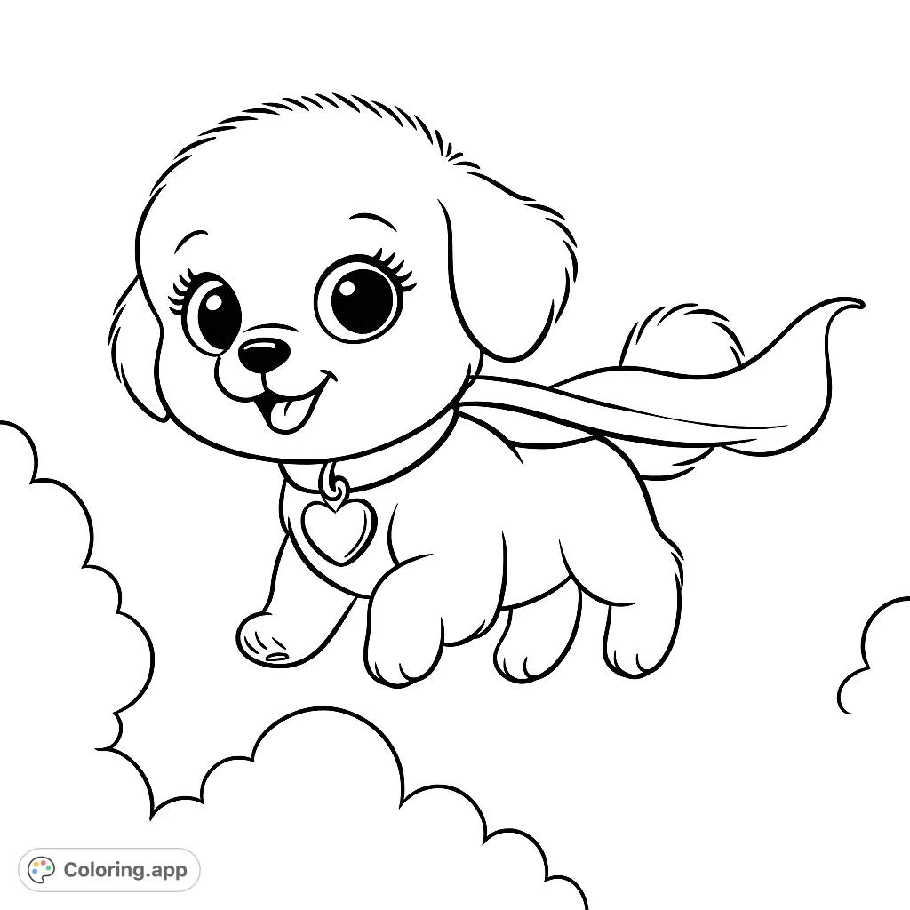 An adorable superhero puppy with a cape and heart tag flies through fluffy clouds. A charming, free printable puppy coloring page for kids and adults.