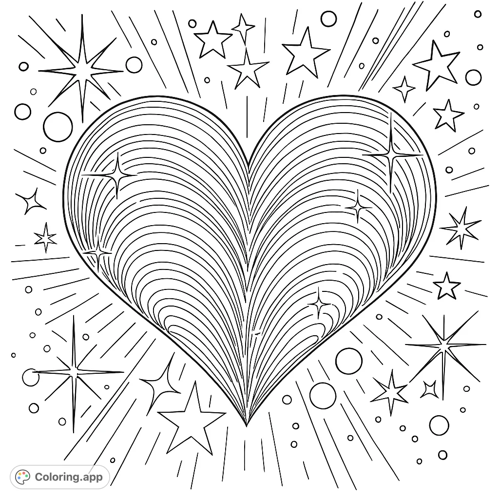 A beautiful heart coloring page bursting with wavy lines, sparkling stars, and radiating rays. A free printable coloring page for all ages.