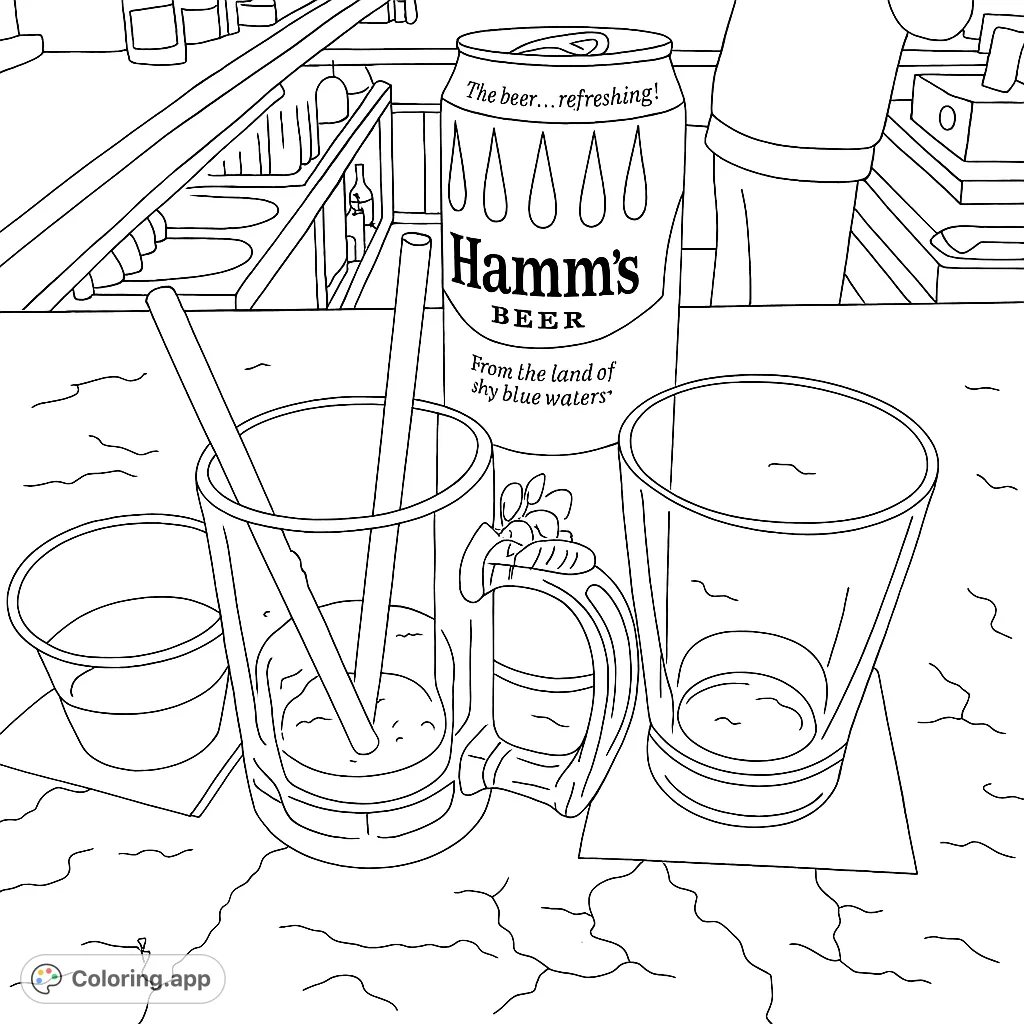 A detailed bar scene featuring a beverage can, glasses, and straws on a textured counter. Perfect for a relaxing coloring experience.