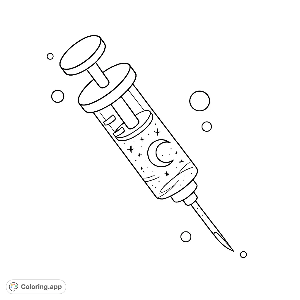 A unique celestial syringe coloring page, featuring a crescent moon and stars within, perfect for fantasy and science enthusiasts. Free printable for all ages!