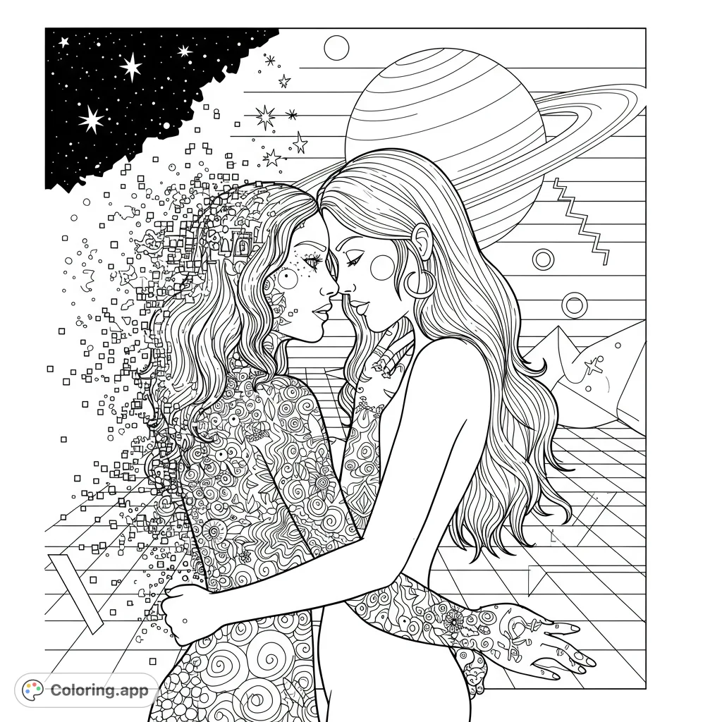 A cosmic connection coloring page featuring two women embracing, one dissolving into stars and geometric patterns, set against a celestial backdrop.